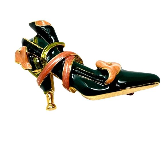 Kenneth Jay Lane KJL Enamel Shoe Brooch Gold Tone Green  Accent Collector Pin - Picture 1 of 8